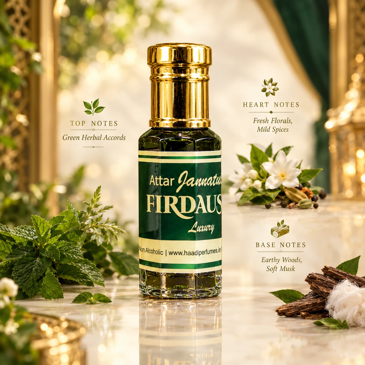 Jannatul Firdaus fragrance notes herbal accords fresh florals mild spices earthy woods soft musk