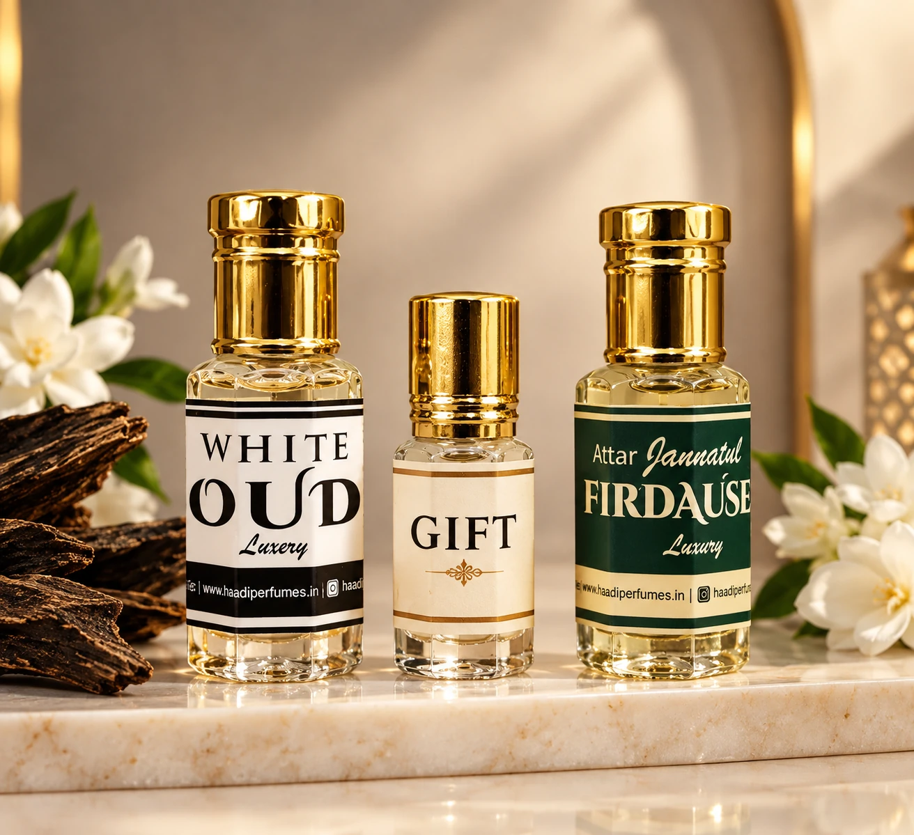 Haadi Combo Pack of 2 White Oud and Jannatul Firdaus with complimentary 3ml luxury gift attar