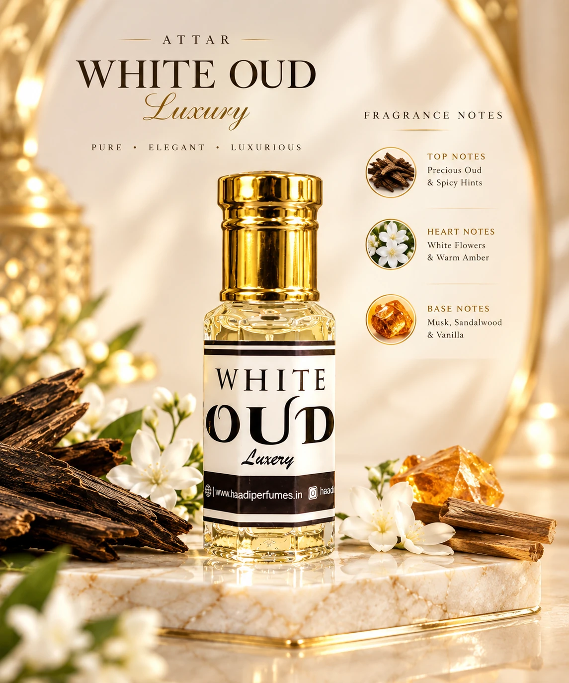 White Oud fragrance notes precious oud spicy hints white flowers warm amber musk sandalwood vanilla