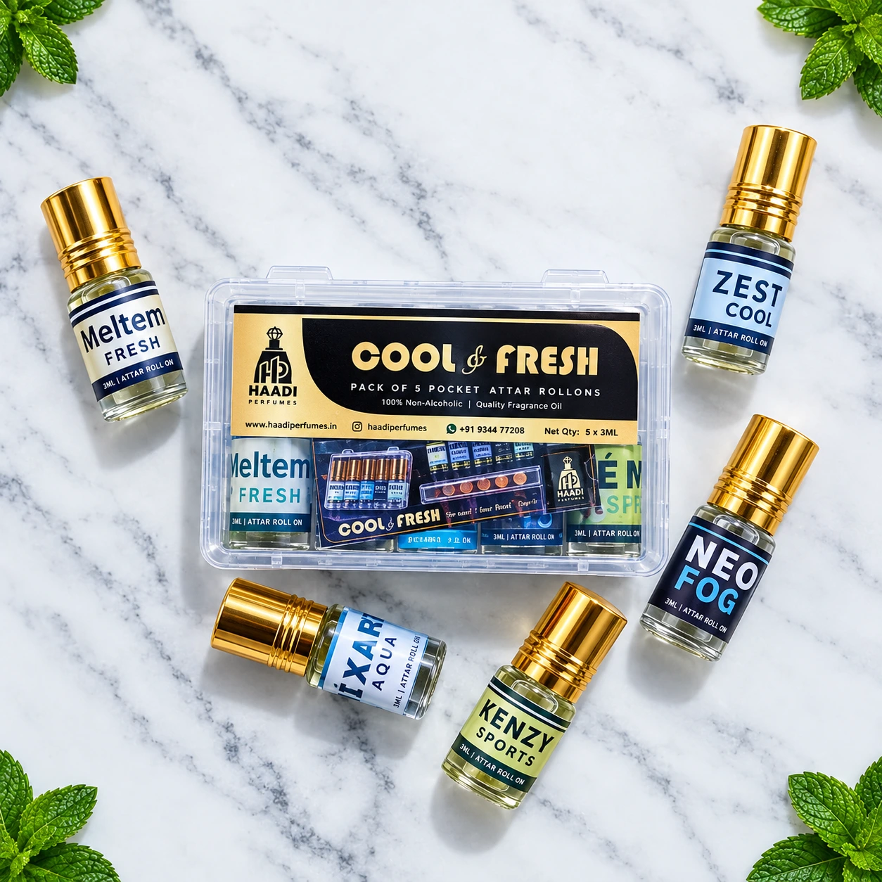 Haadi Cool & Fresh pocket attar rollon gift set on Carrara marble with fresh mint leaves