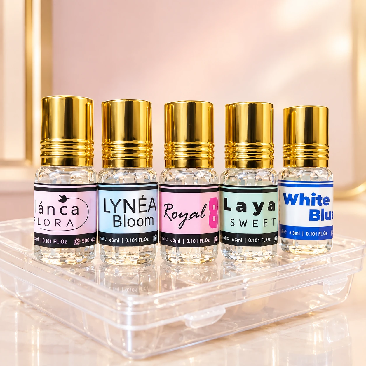 Haadi Layal Flora 5 feminine perfume oils Blanca Flora, Lynea Bloom, Royal 80s, Layal Sweet, and White Blue