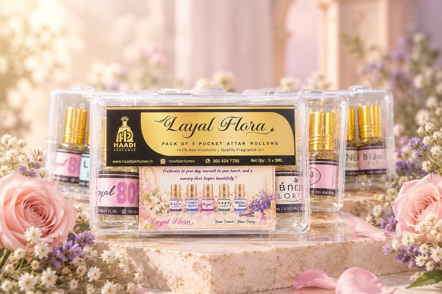 Haadi Layal Flora luxury floral collection on marble with fresh roses and jasmine
