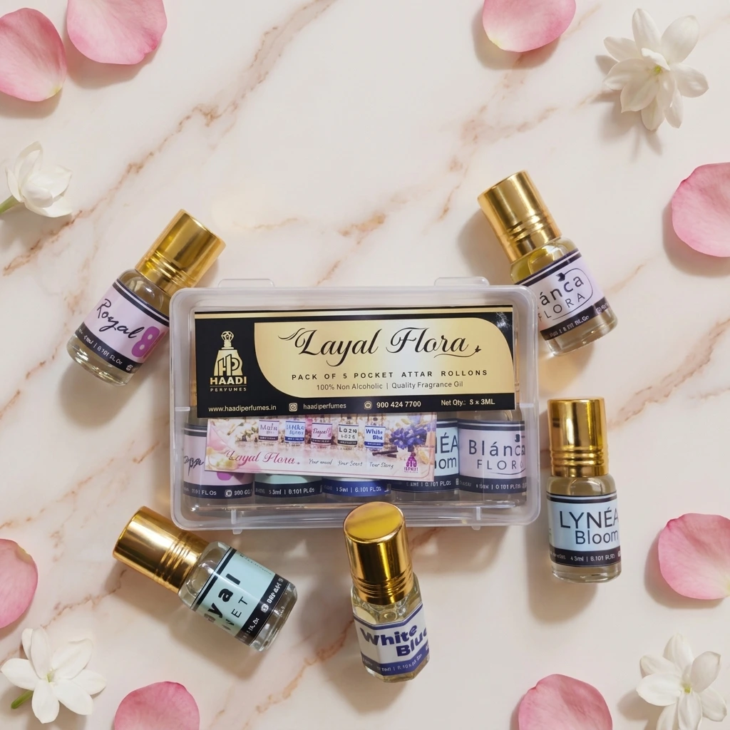Haadi Layal Flora 5 pocket perfume rollons flat lay with rose petals