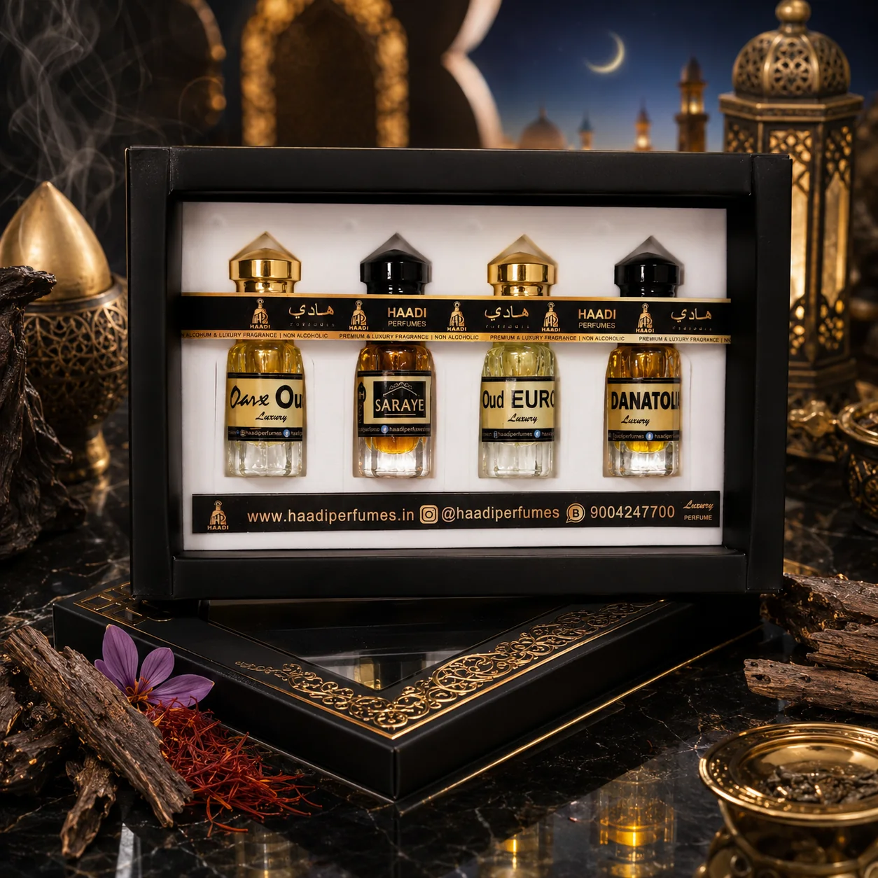 Haadi Oud Darbar perfume oil gift set, open-box display at night