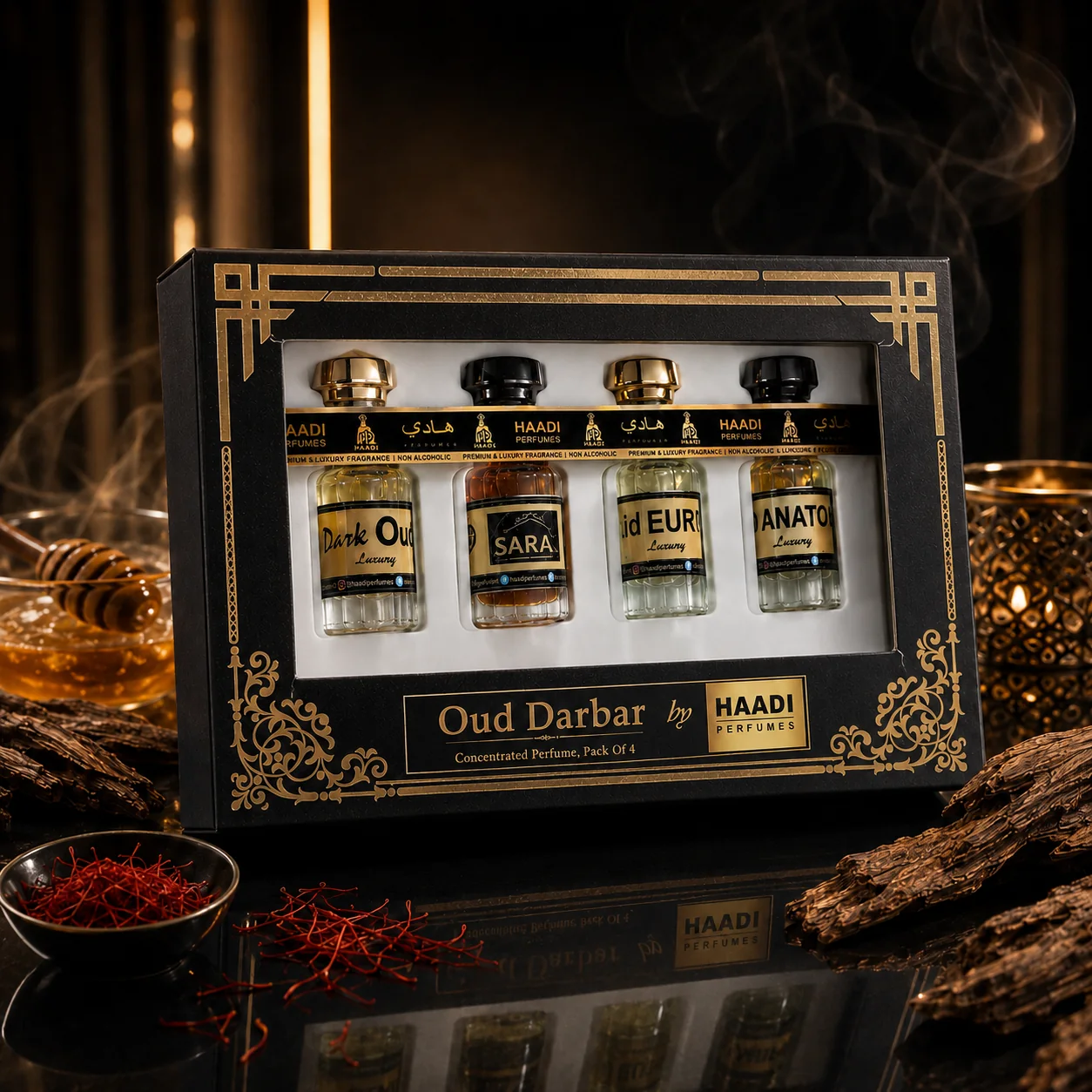 Haadi Oud Darbar perfume oil gift set, styled with oud and saffron