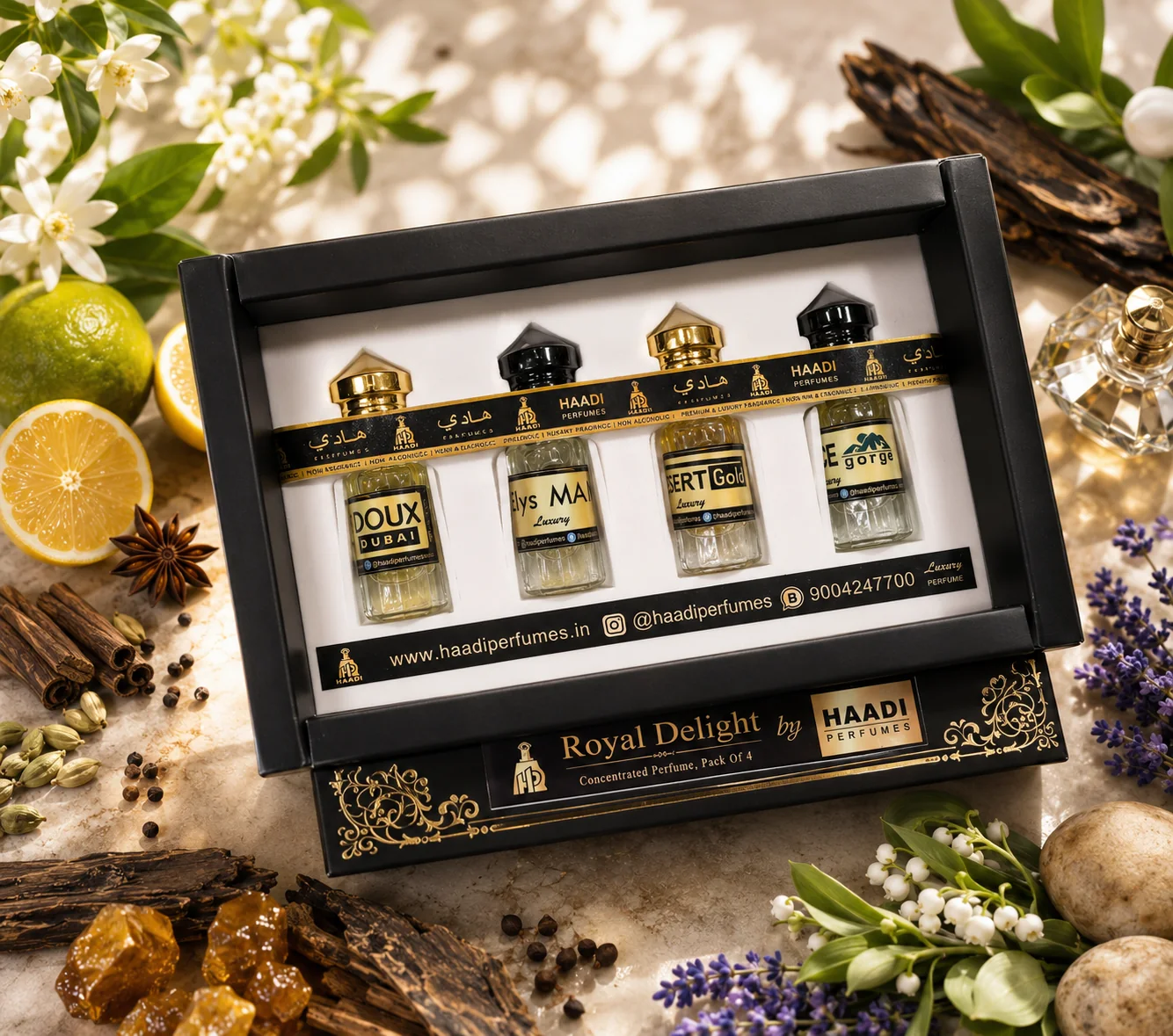 Haadi Royal Delight perfume oil gift set, styled with citrus and flowers