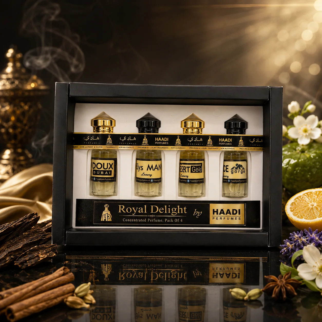 Haadi Royal Delight perfume oil gift set, front view with a reflection