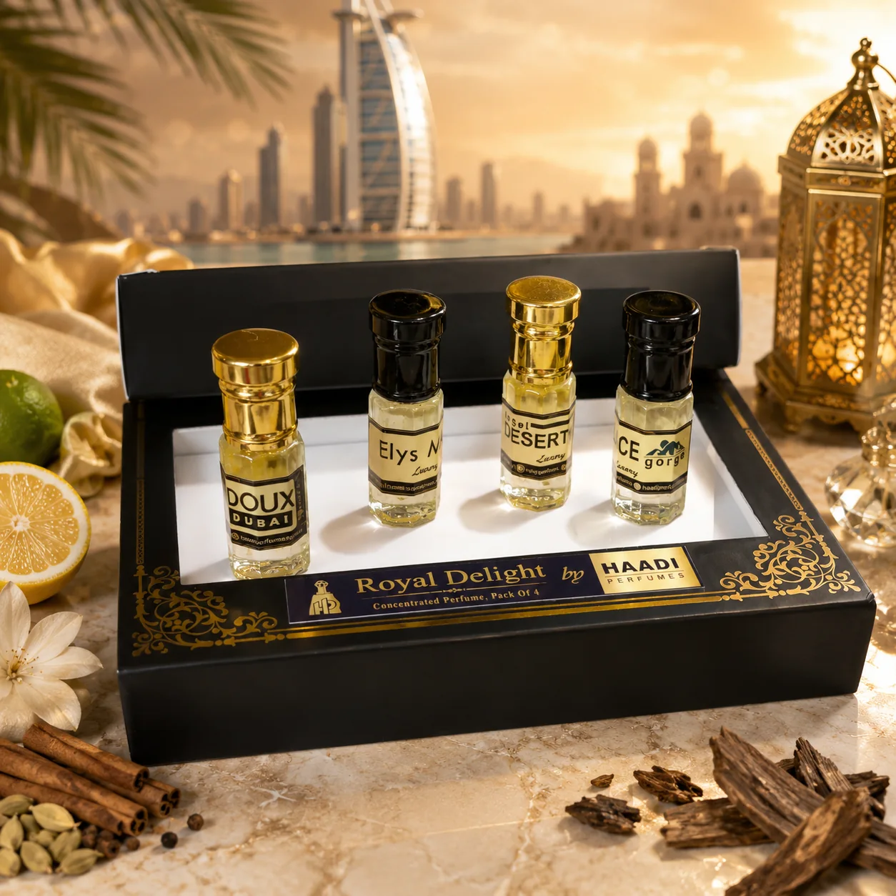 Haadi Royal Delight perfume oil gift set, front view in a Dubai-inspired setting