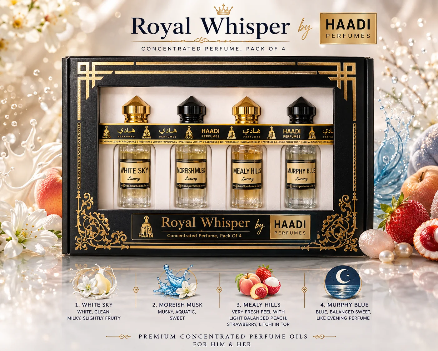 Haadi Royal Whisper perfume oil gift set, fragrance-detail display