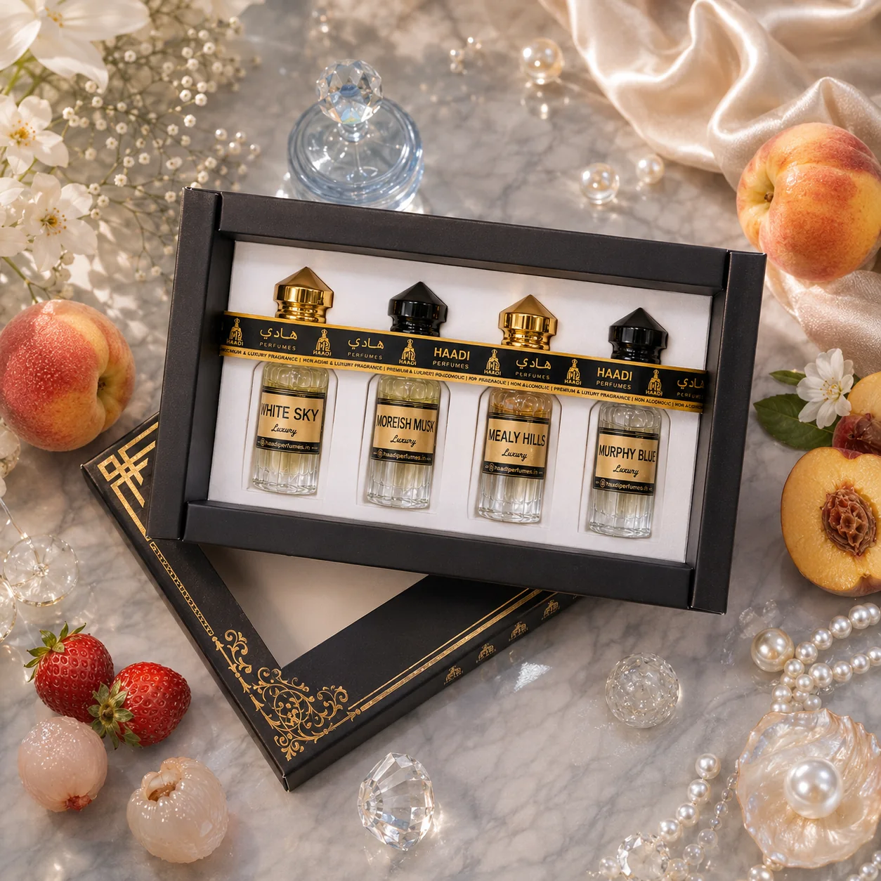 Haadi Royal Whisper perfume oil gift set, overhead view