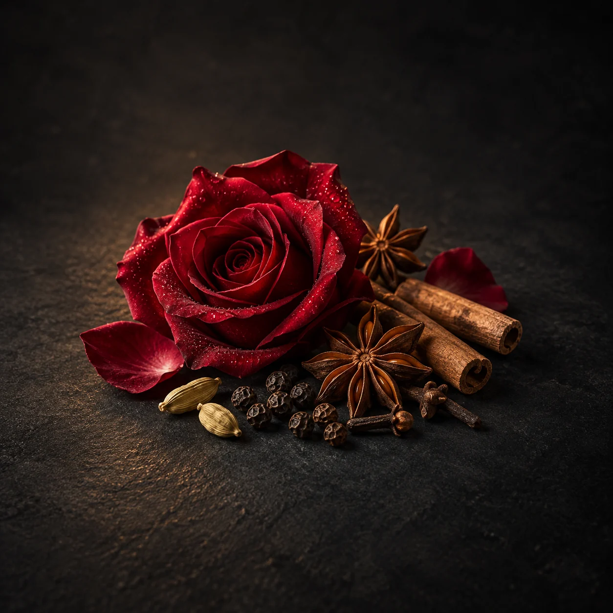 Heart fragrance notes for Haadi Darx Oud: Velvety rose and warm spices