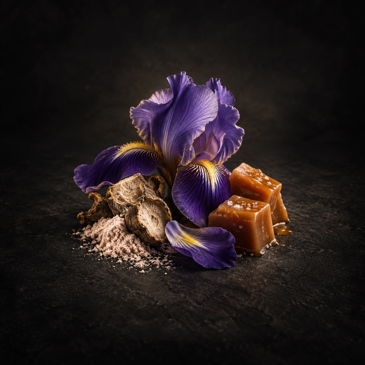 Heart fragrance notes for Haadi Murphy Blue: Luxurious powdery iris and toffee