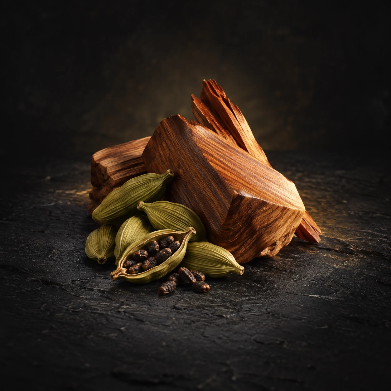 Heart fragrance notes for Haadi Oud Euron: Polished cedar and cardamom