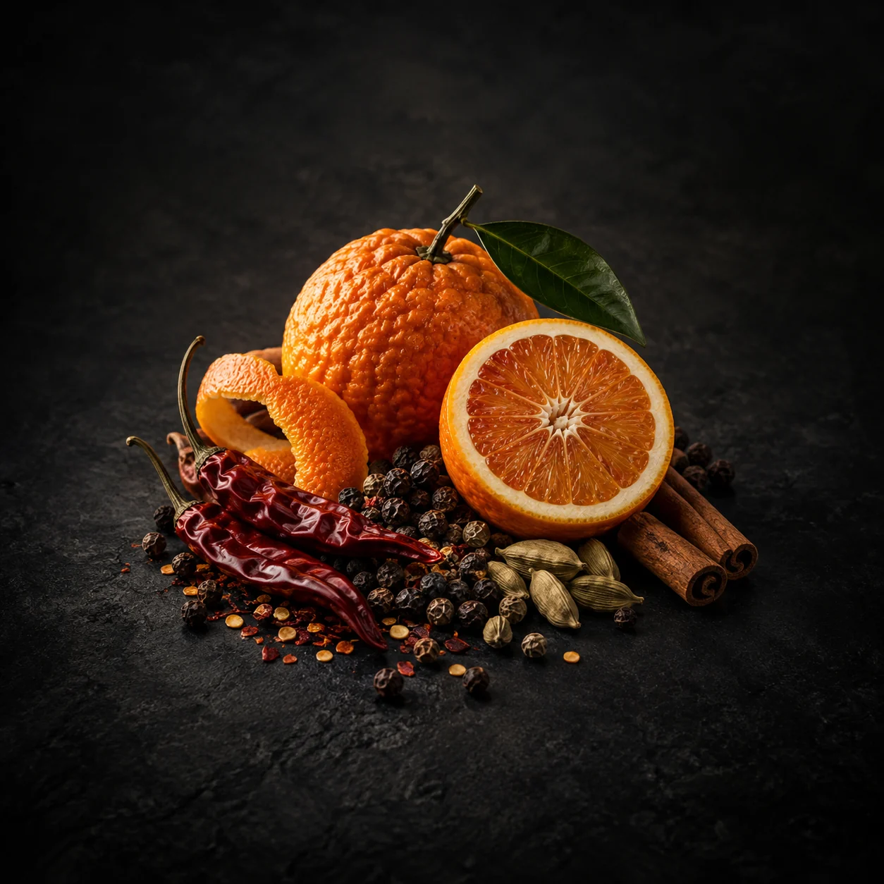 Top fragrance notes for Haadi Oud Kadife Royale: Fiery spices and bitter orange
