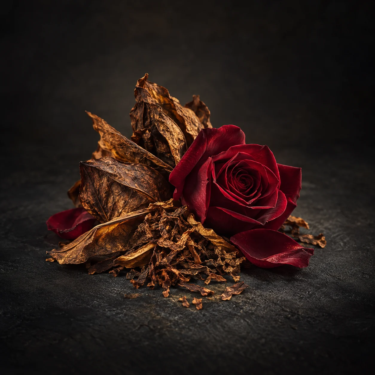 Heart fragrance notes for Haadi Oud Rose: Dark tobacco and velvety rose