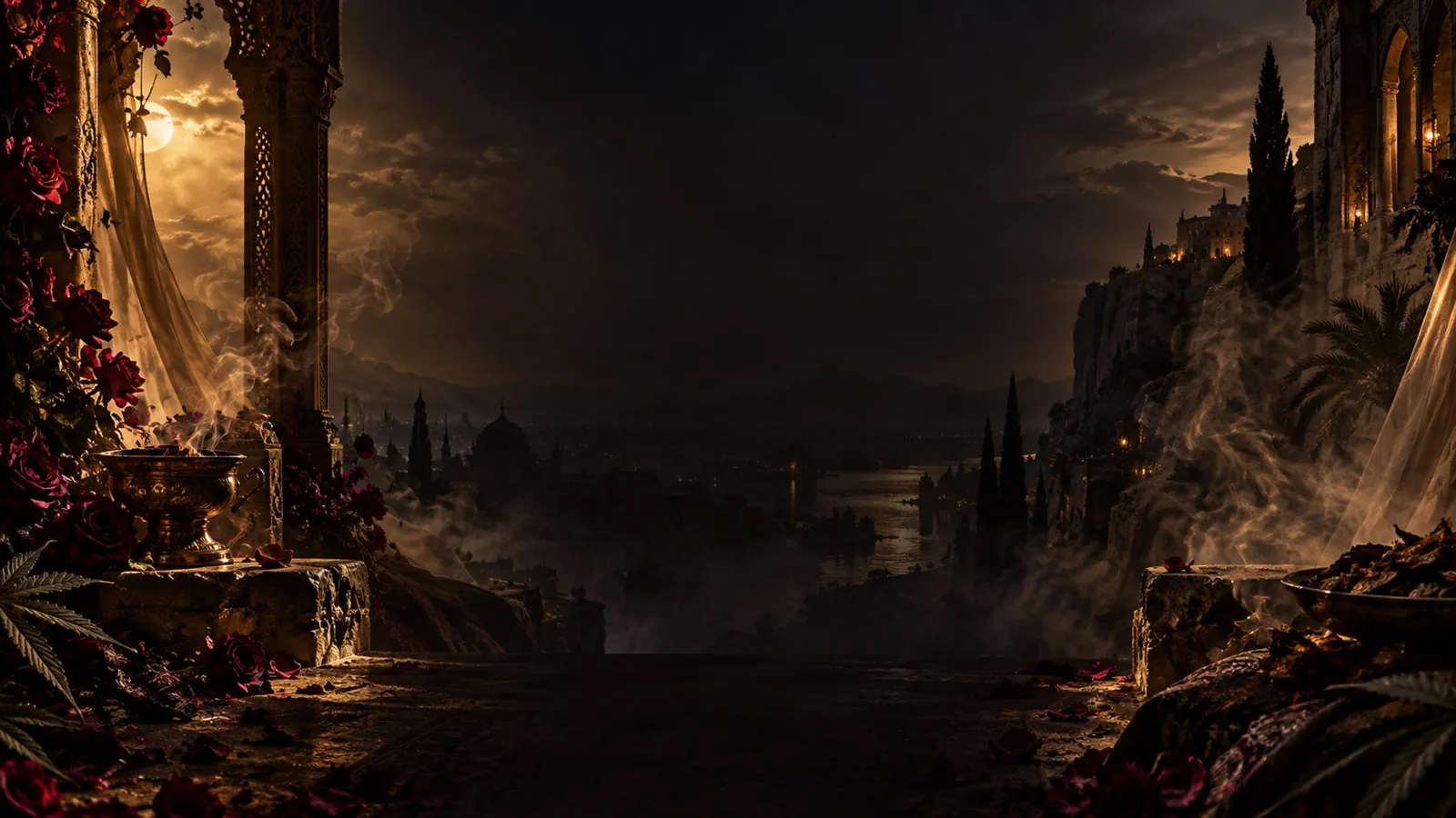 Atmospheric fragrance story artwork for Haadi Oud Rose