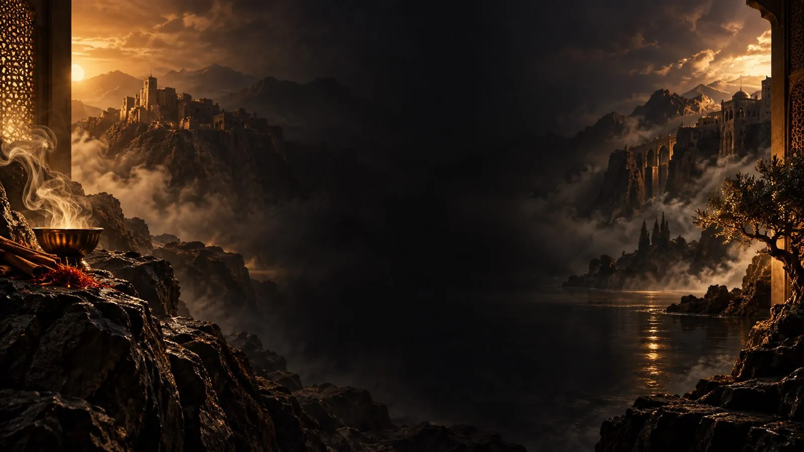 Atmospheric fragrance story artwork for Haadi Oud Saraye