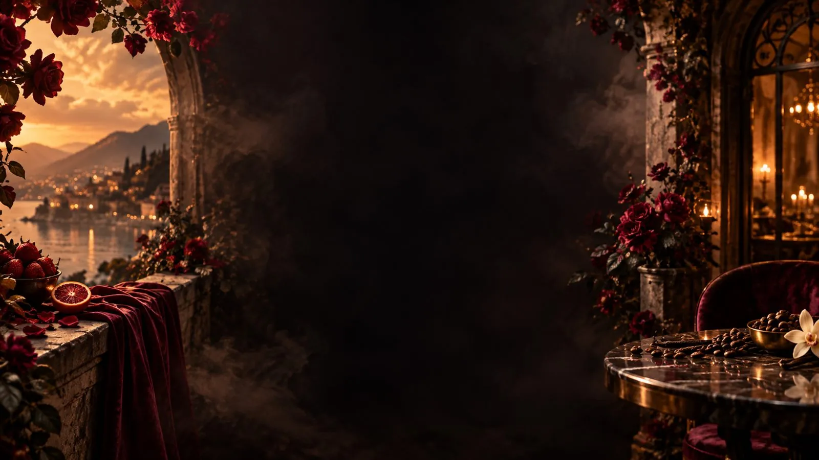 Atmospheric fragrance story artwork for Haadi The Red Velvet Cafe