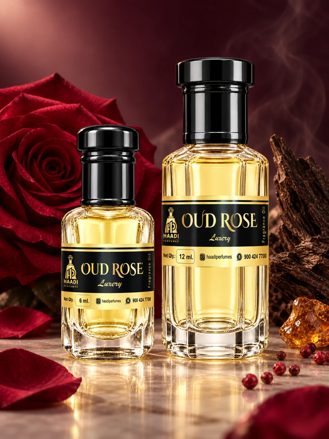 Haadi Oud Rose 6 ml and 12 ml attar bottle set